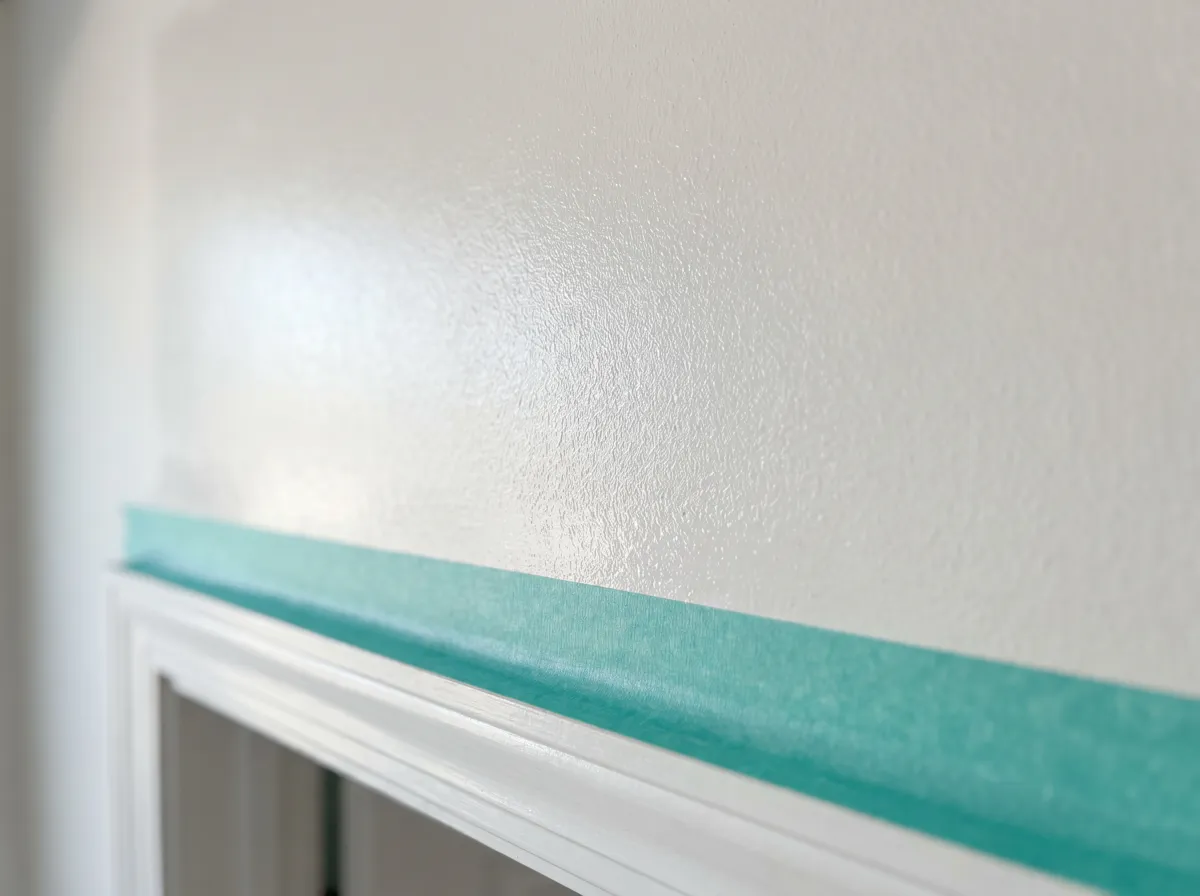 Primed wall with a crisp teal masking tape line along the architrave